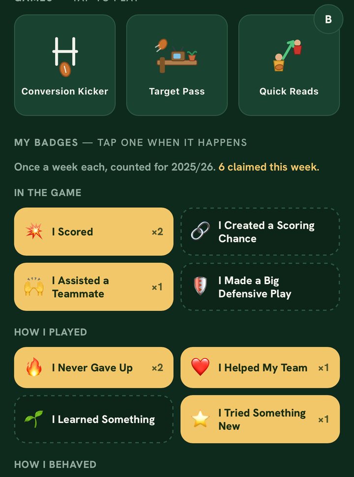 A child's badges: in the game, how I played, how I behaved — several claimed with counts.